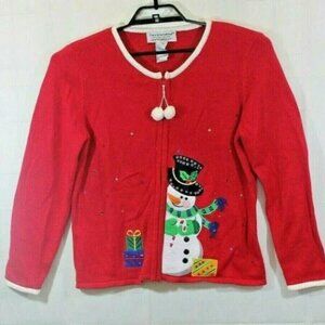 Tiara International Red Christmas Cardigan Full Zip Holiday Snowman Sweater Sz M